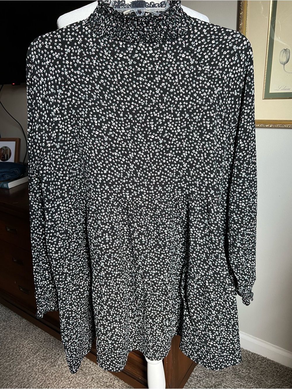 Darling Black and White Ditsy Floral Tunic with Smocked Neck